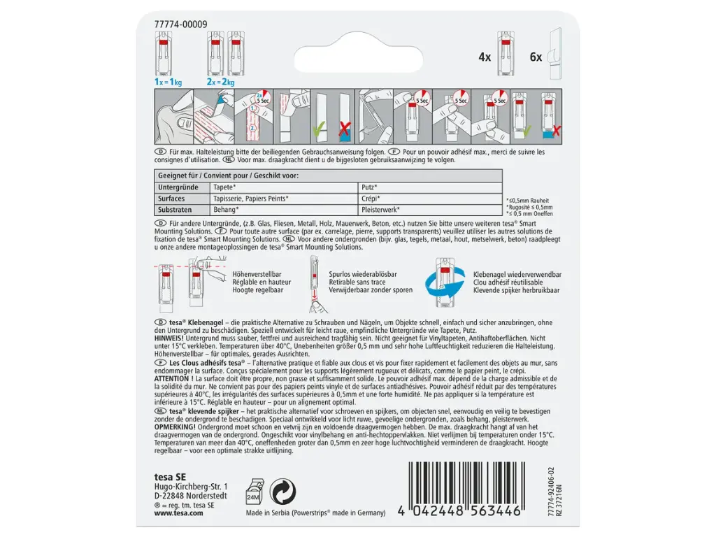 Clou adhésif réglable tesa® pour papier peint et plâtre (4 × 1 kg)