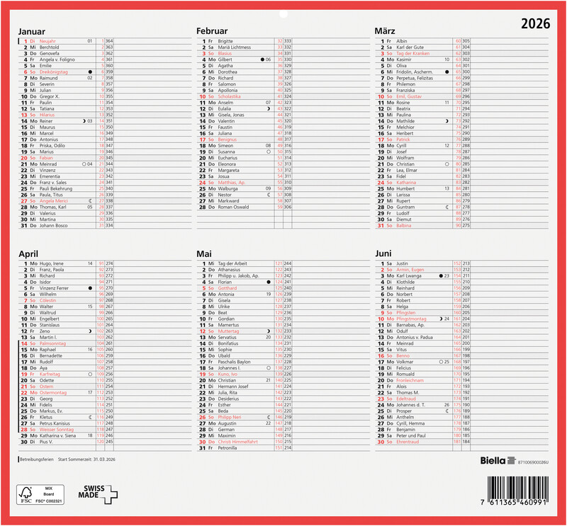 Calendrier tableau 32 x 29,7 cm 2026