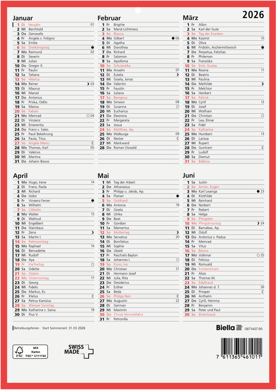 Calendrier tableau A4 21 × 29,7 cm 2026