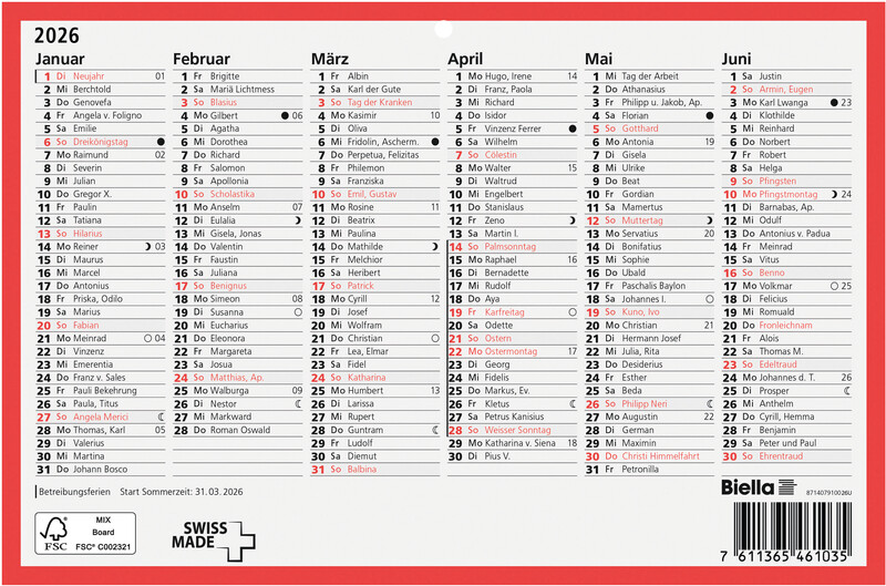 Tafelkalender A5 23,5 × 15,5 cm 2026