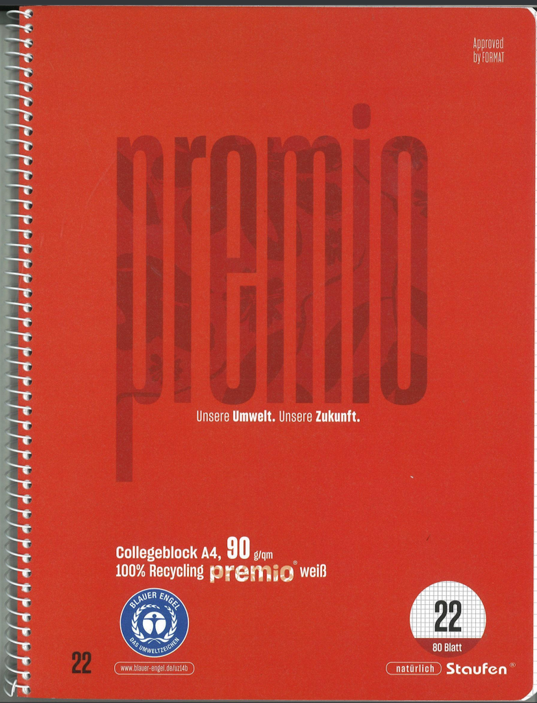 Spiralblock A4 90 g/m2, 80 Blätter (abtrennbare Blätter)  Quariert 5mm 100% Recycling Blauer Engel
