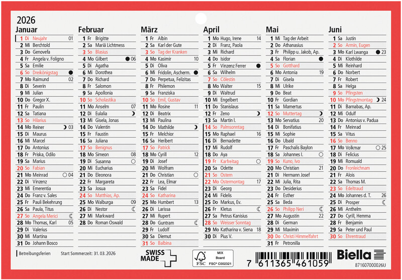 Calendrier tableau 16,5 x 11,5 cm 2026 (DE)