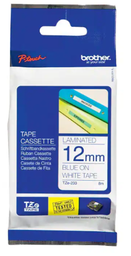 [69.231] Ruban pour étiqueteuse Brother TZe-233 bande 12 mm  blanc / caractère bleu