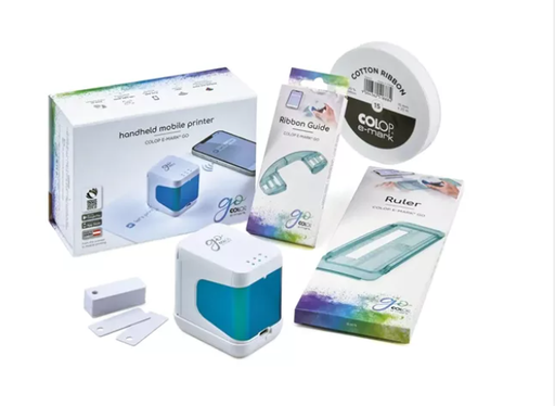 [69.750] Mobilier Drucker COLOP e-mark GO Bundle mit Lineal, Farbbandführung, Baumwollband weiss 15mmx25m & PVC Schilder Garantie 2 Jahre